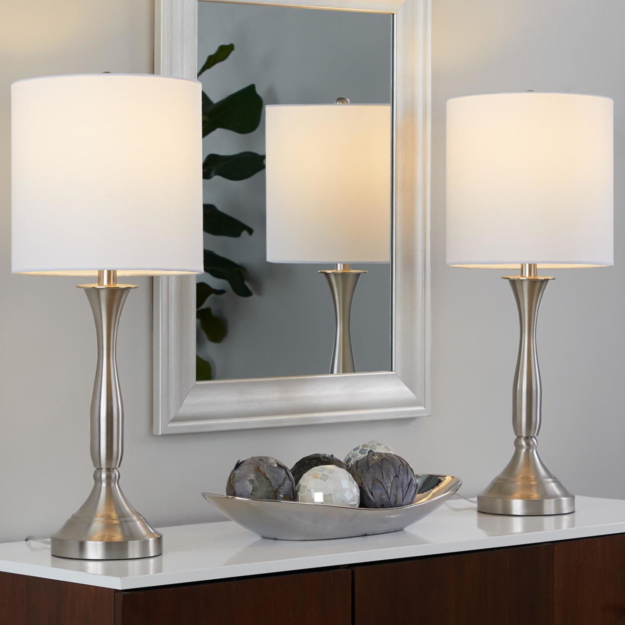 Grandview Gallery Sawyer 25 Table Lamp with Light Grey Linen Shade in Brushed Nickel