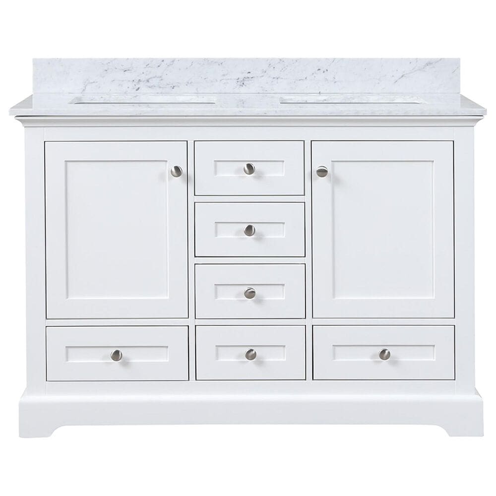 Lexora Home Dukes 48&quot; Double Bathroom Vanity in White with 2 cm White Carrara Marble Top and Rectangular Sinks, , large
