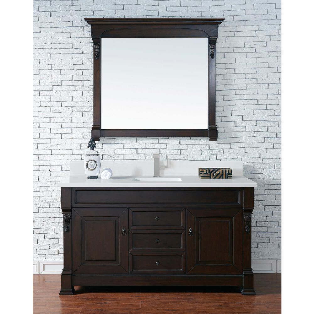James Martin Vanities Brookfield 60&quot; Single Bathroom Vanity in Burnished Mahogany with Single Hole 3 cm White Zeus Quartz Top and Rectangular Sink, , large