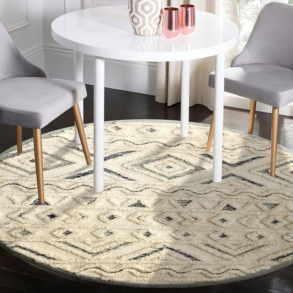 L&amp;R Resources Sinuous Geometric Motif 6&#39; Round Cream, Blue and Gray Area Rug, , large