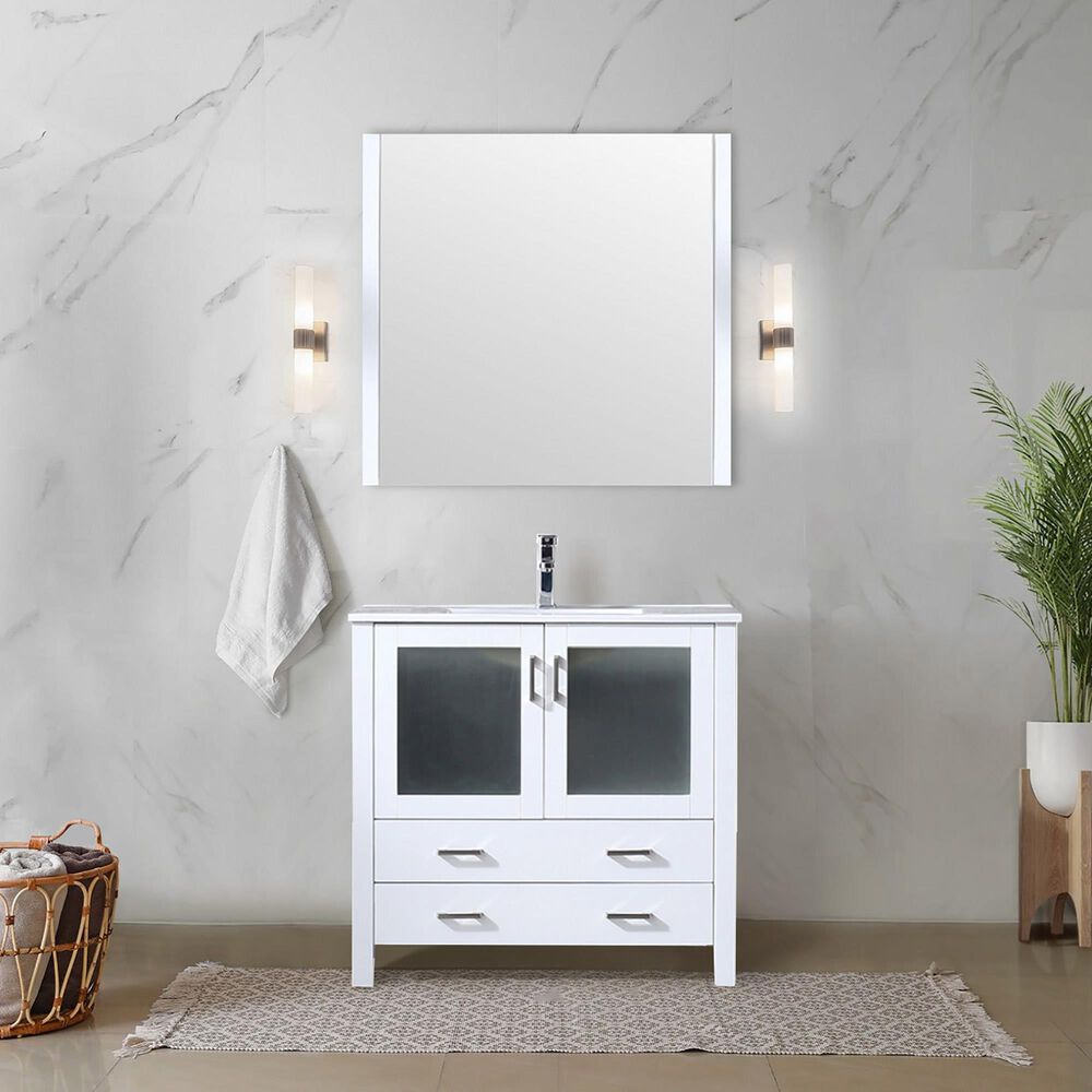 Lexora Home Volez 36&quot; Single Bathroom Vanity in White with 2 cm White Ceramic Top and Rectangular Sink, , large