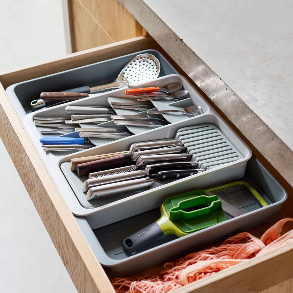 Joseph Joseph DrawerStore Expanding Tiered Cutlery, Utensil, Gaget and Knife Organizer in Grey and Stone, , large