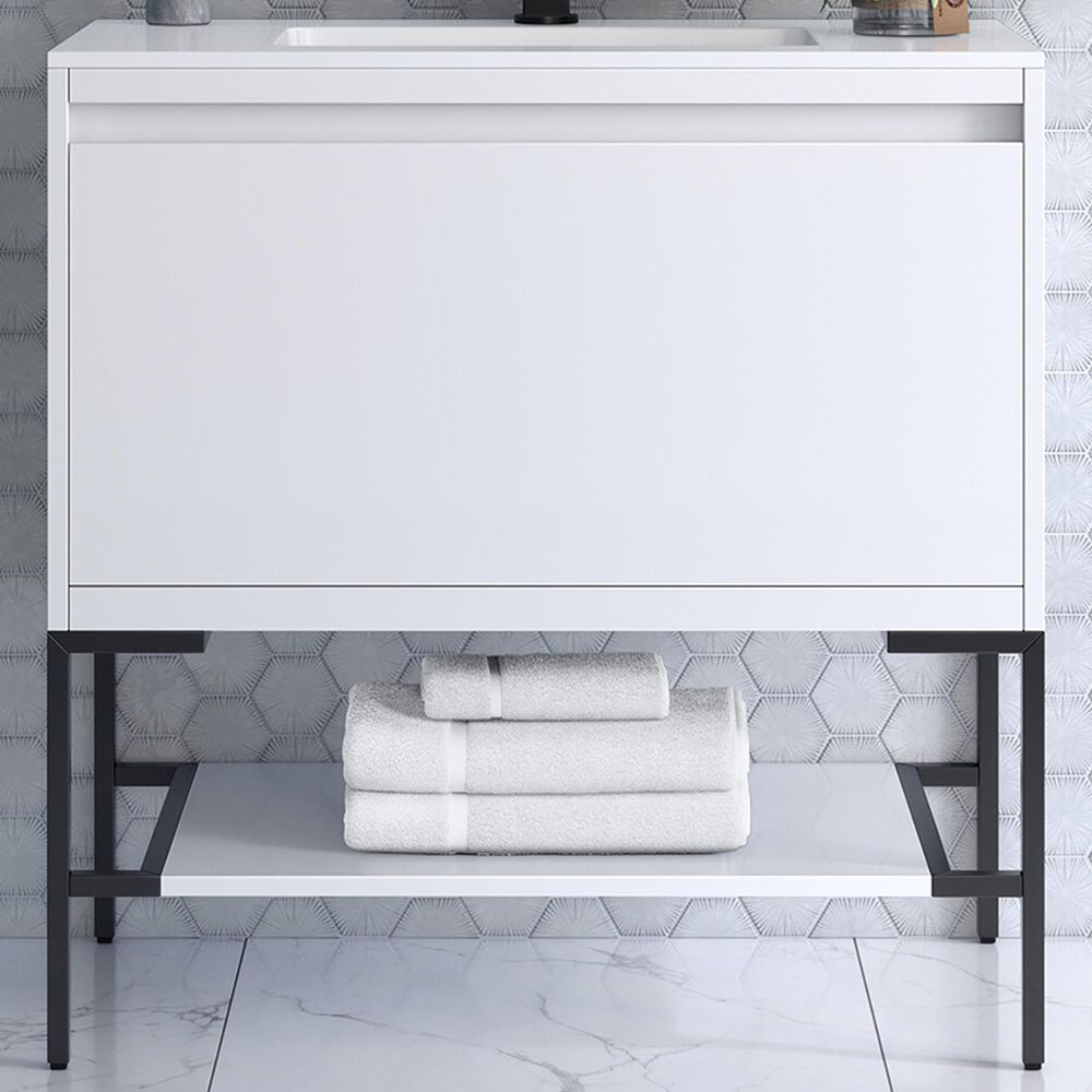 James Martin Mantova 35.4&quot; Single Bathroom Vanity in Glossy White and Matte Black with 2 cm Glossy White Solid Surface Top and Rectangular Sink, , large