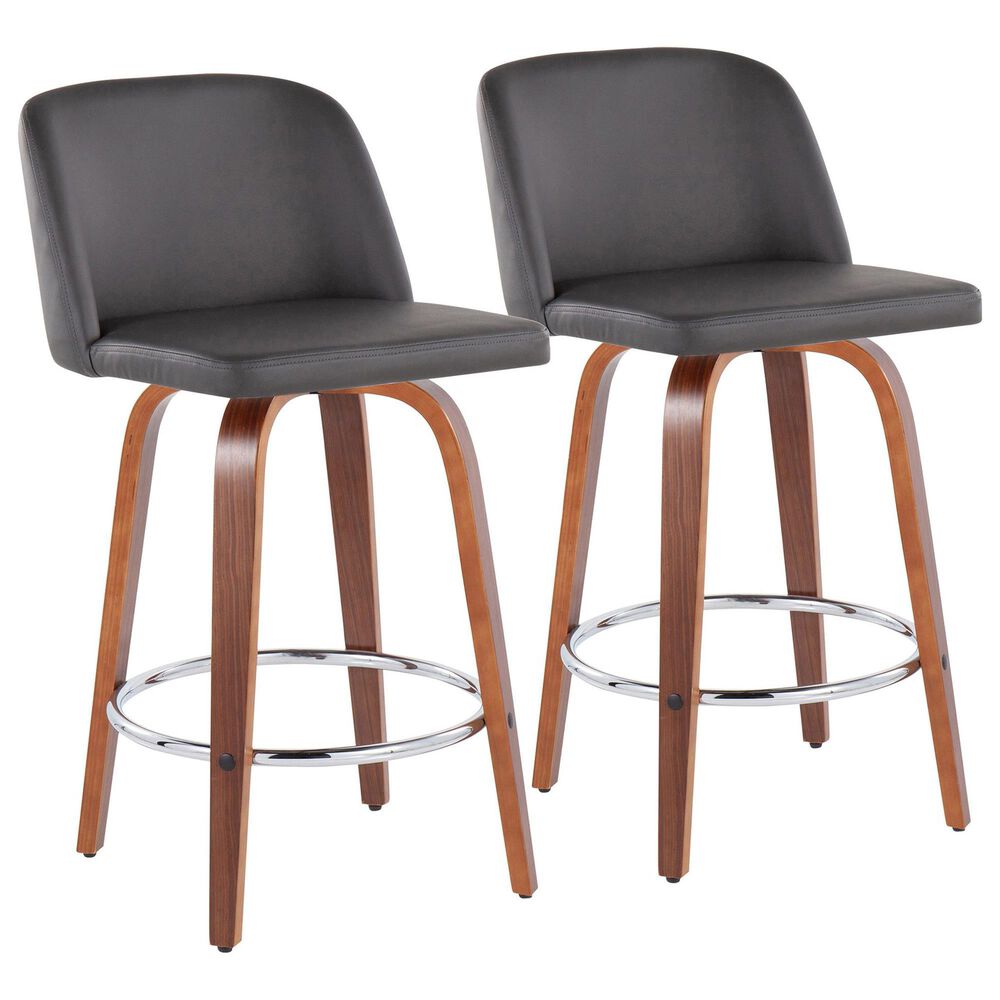 LumiSource Toriano Swivel Counter Stool with Grey Faux Leather Upholstery in Walnut and Chrome (Set of 2), , large