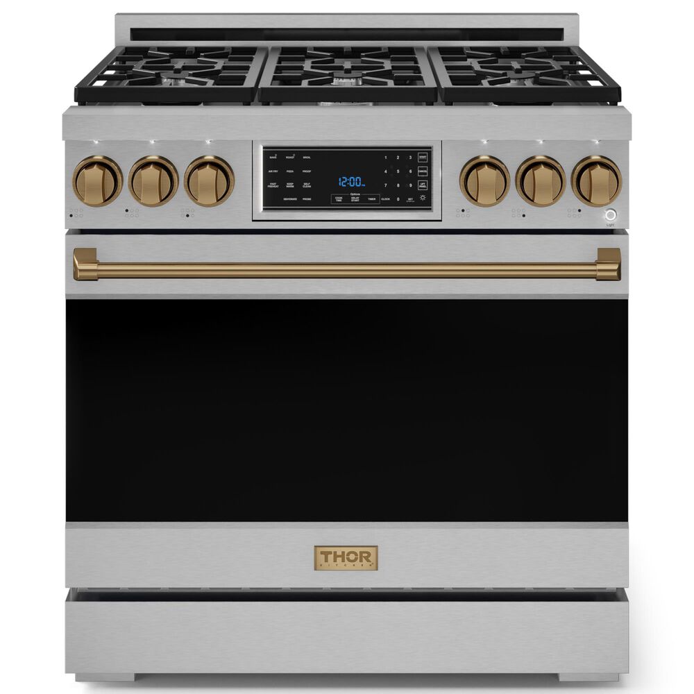THOR KITCHEN Gordon Ramsay 6 Cu. Ft. 36" Professional Liquid Propane Range with Bronze Handle Kit in Stainless Steel, , large