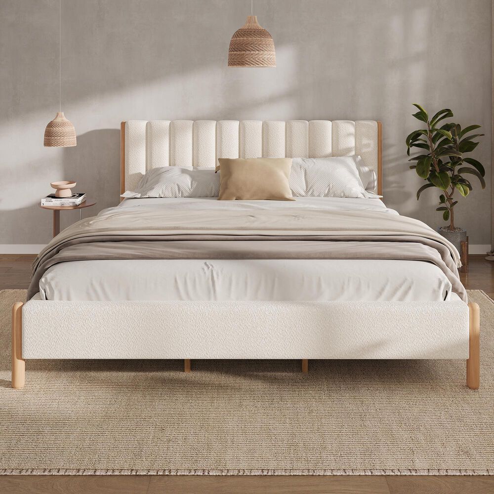 Hearth and Haven King Upholstered Platform Bed in White, , large