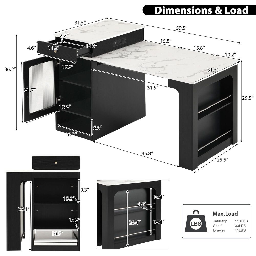 HOMLUX 60" Kitchen Island in Black, , large