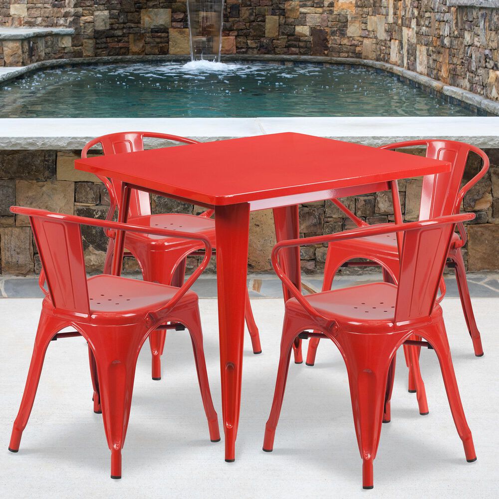 Flash Furniture 5-Piece Square Metal Bistro Table Set in Red, , large