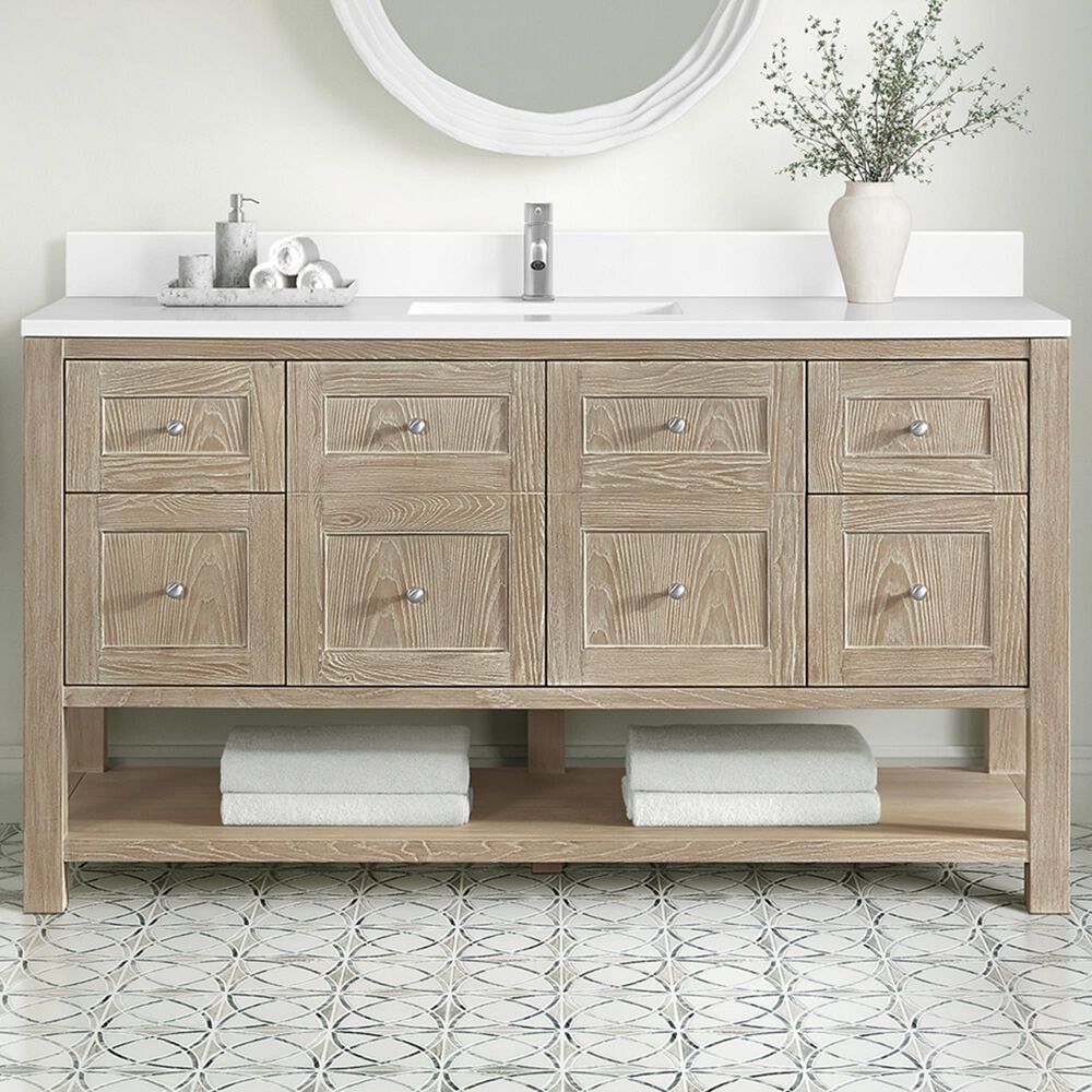 James Martin Vanities Breckenridge 60&quot; Single Bathroom Vanity in Whitewashed Oak with Single Hole 3 cm White Zeus Quartz Top and Rectangular Sink, , large