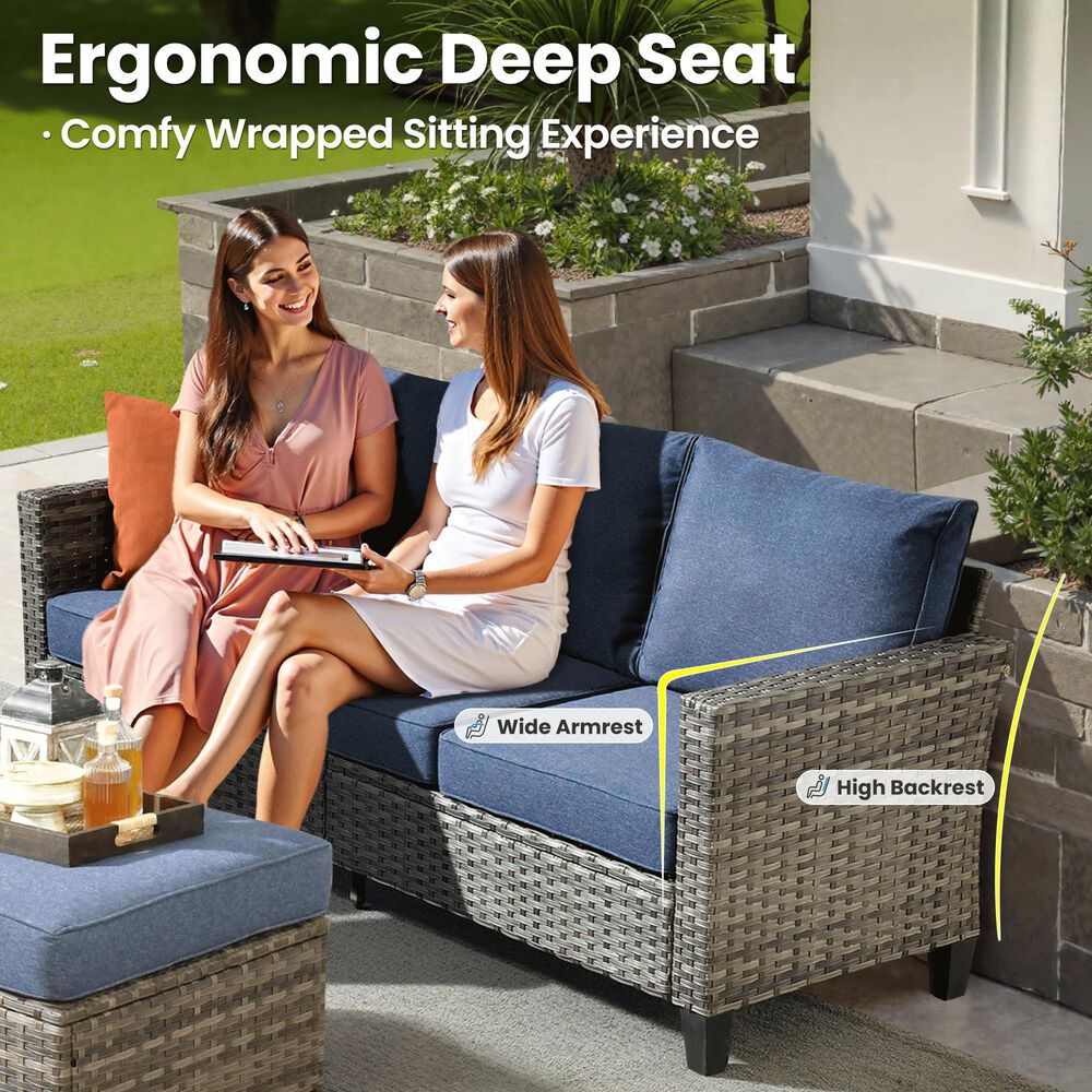 HOMLUX HOMLUX 5-Piece Outdoor Wicker Patio Furniture Set, High Back Rattan Sofa with Chairs, Ottomans &amp; Cushions in Denim Blue, , large