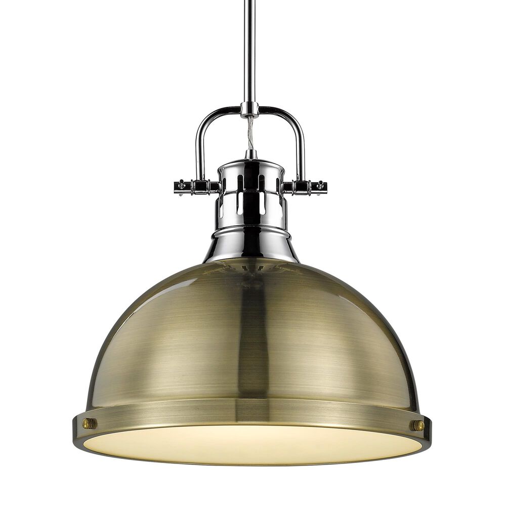 Golden Lighting Duncan 1-Light Pendant with Rod and Aged Brass Shade in Chrome, , large
