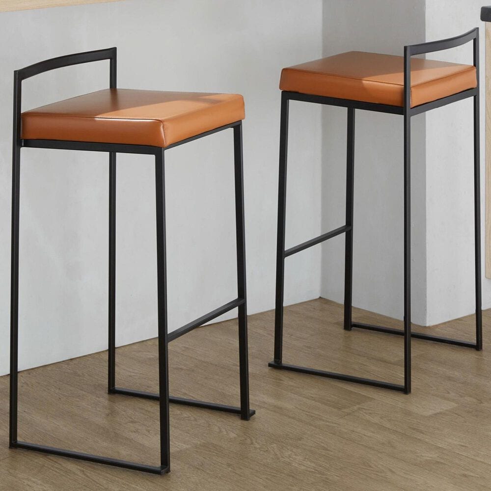 Lumisource Fuji Stackable Barstool with Camel Faux Leather Cushion in Black &#40;Set of 2&#41;, , large