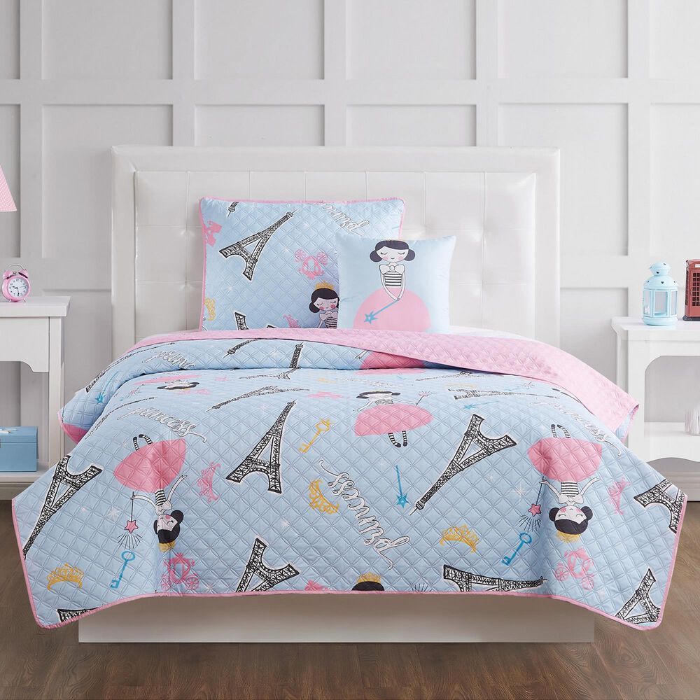 Pem America My World Paris Princess 3-Piece Twin Quilt Set in Blue and Pink, , large