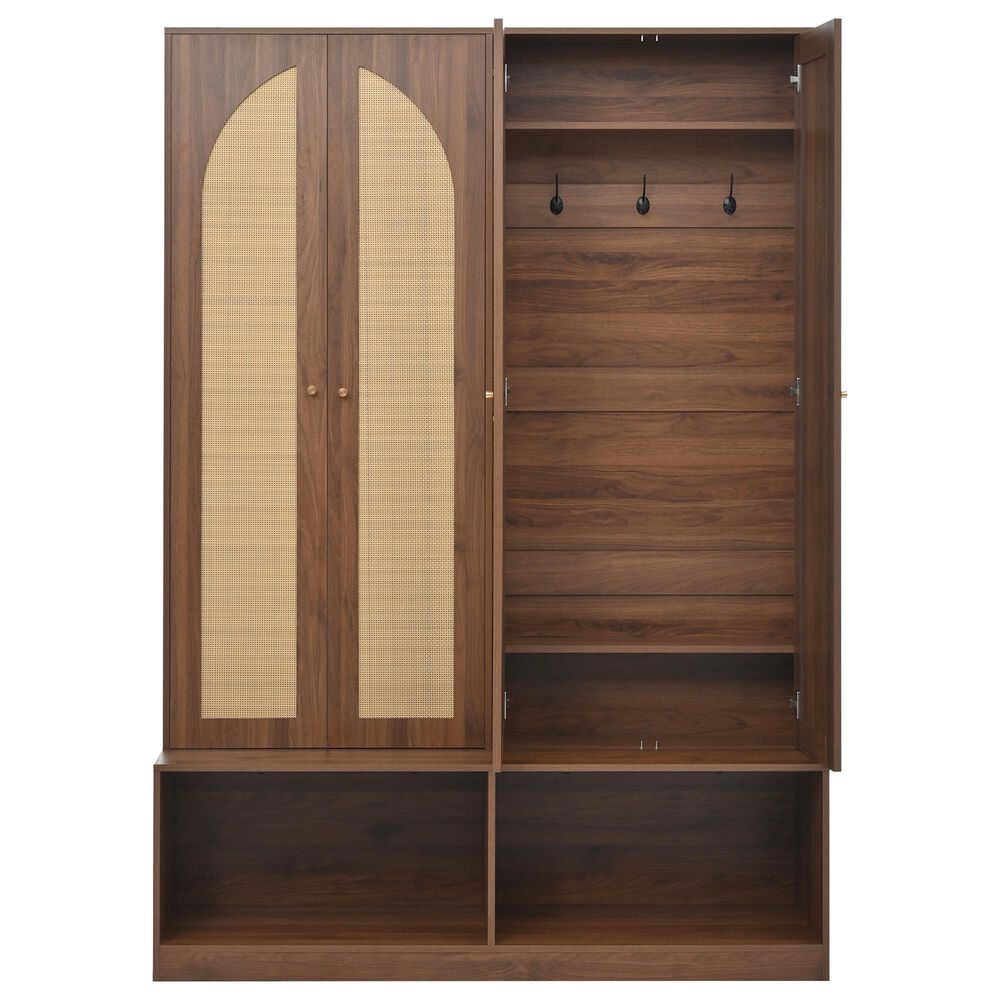 HOMLUX 6-Hook Hall Tree with 2-Rattan Doors in Walnut, , large