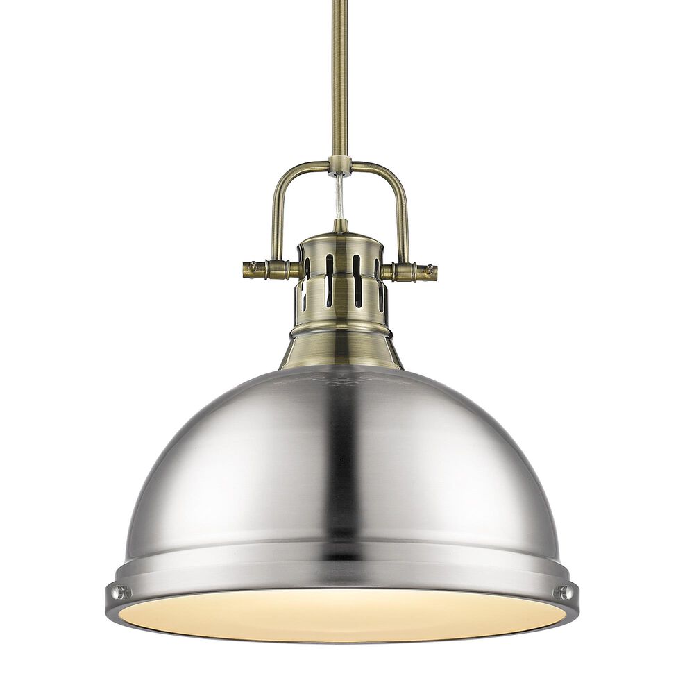 Golden Lighting Duncan 1-Light Pendant with Rod and Pewter Shade in Aged Brass, , large