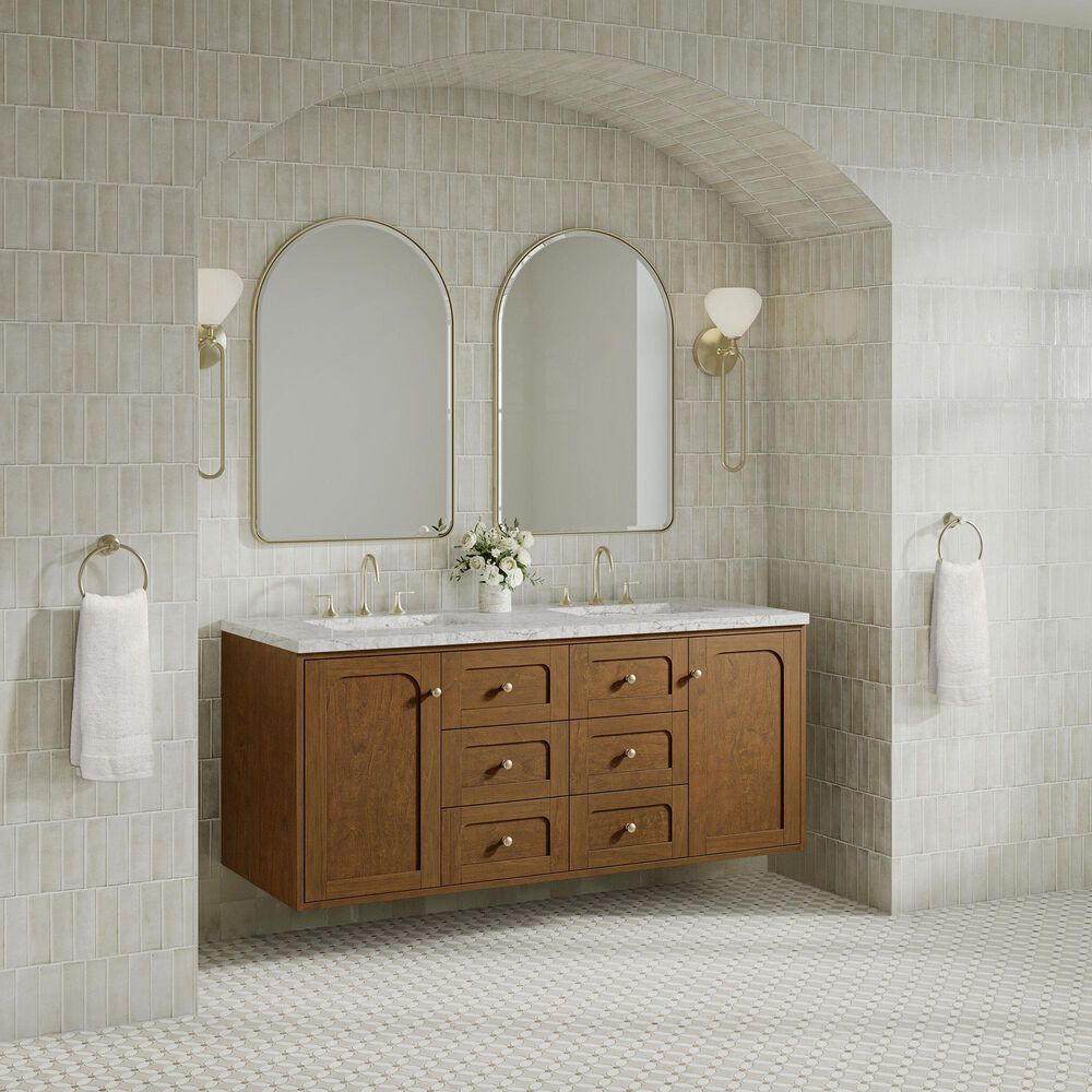 James Martin Laurent 60" Double Bathroom Vanity in Honey Oak with 3 cm Eternal Jasmine Pearl Silestone Top and Rectangular Sinks, , large