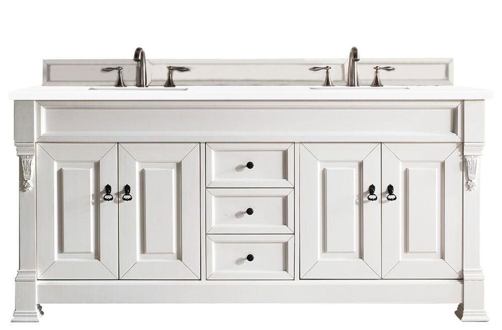 James Martin Vanities Brookfield 72" Double Bathroom Vanity in Bright White with 3 cm White Zeus Quartz Top and Rectangular Sinks, , large