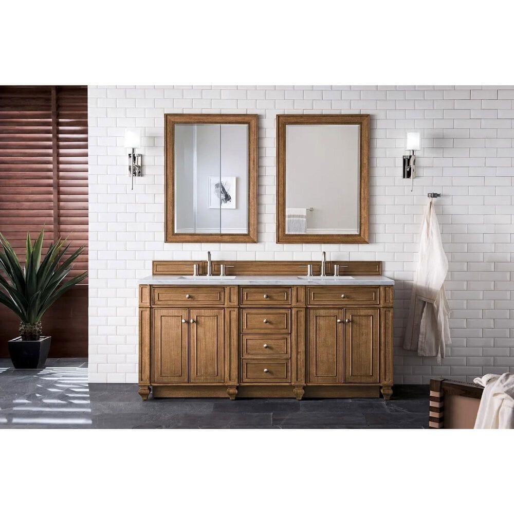 James Martin Vanities Bristol 72&quot; Double Bathroom Vanity in Saddle Brown with 3 cm Carrara White Marble Top and Rectangular Sinks, , large
