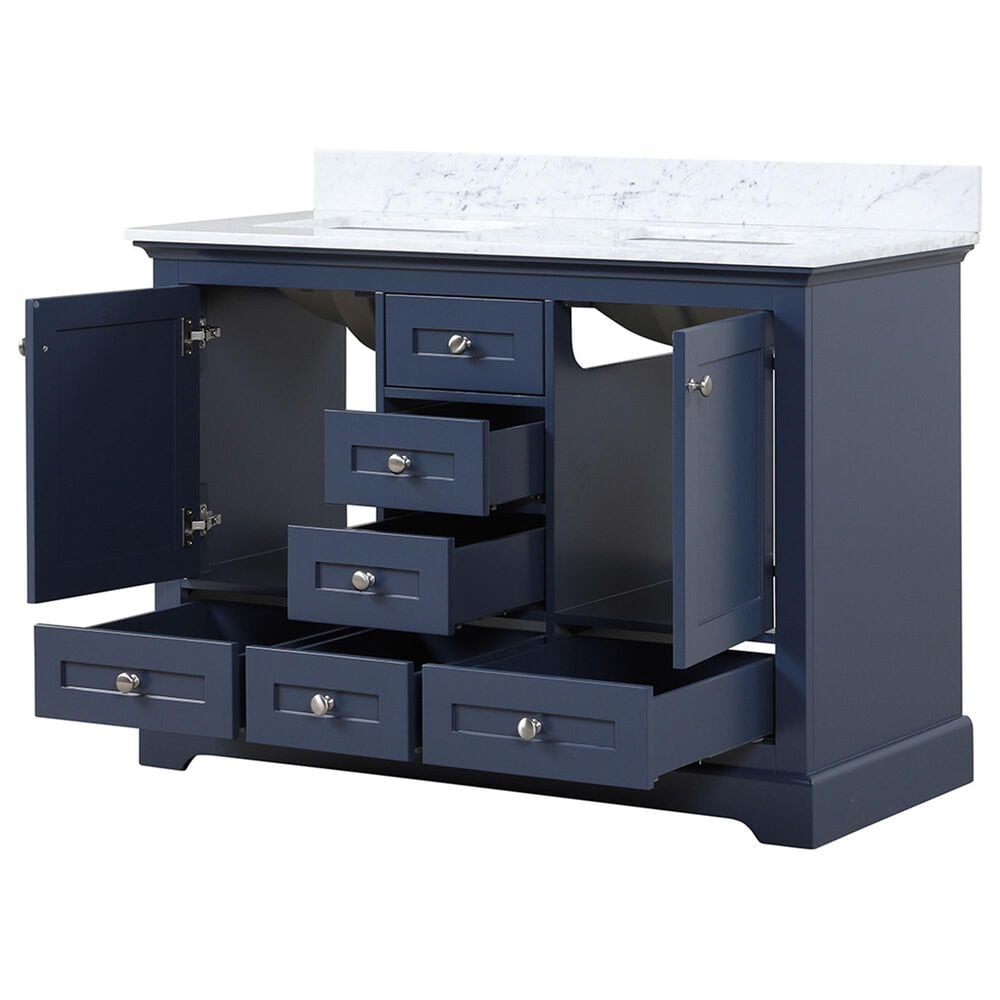 Lexora Home Dukes 48&quot; Double Bathroom Vanity in Navy Blue with 2 cm White Carrara Marble Top and Rectangular Sinks, , large