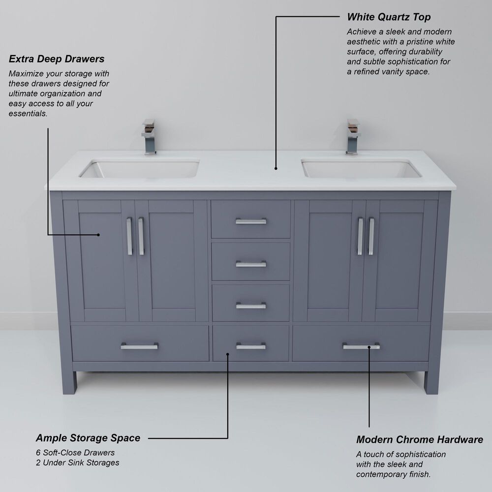 Lexora Home Jacques 60" Double Bathroom Vanity in Dark Grey with 2 cm White Quartz Top and Rectangular Sinks, , large