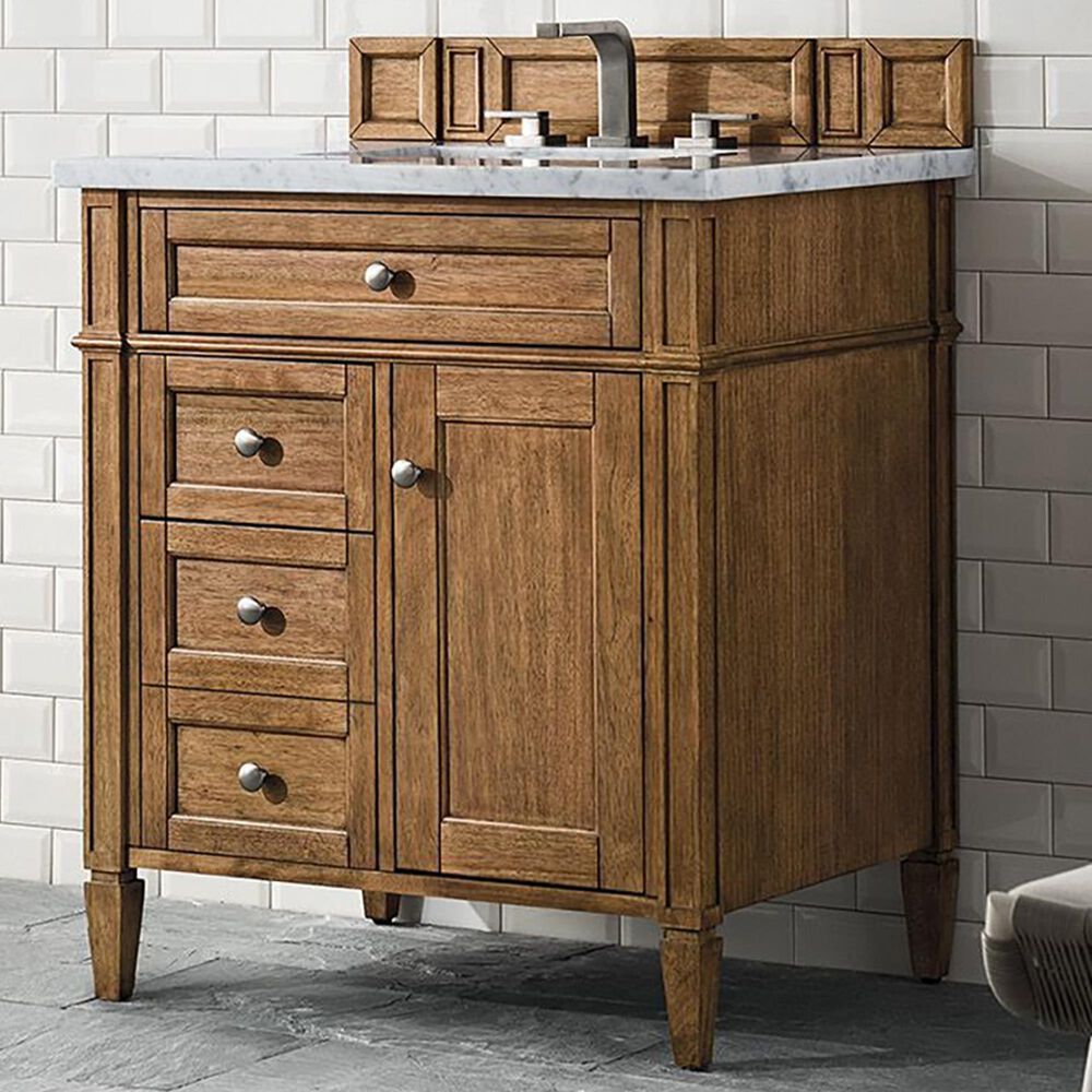 James Martin Vanities Brittany 30&quot; Single Bathroom Vanity in Saddle Brown with 3 cm Arctic Fall Solid Surface Top and Rectangular Sink, , large