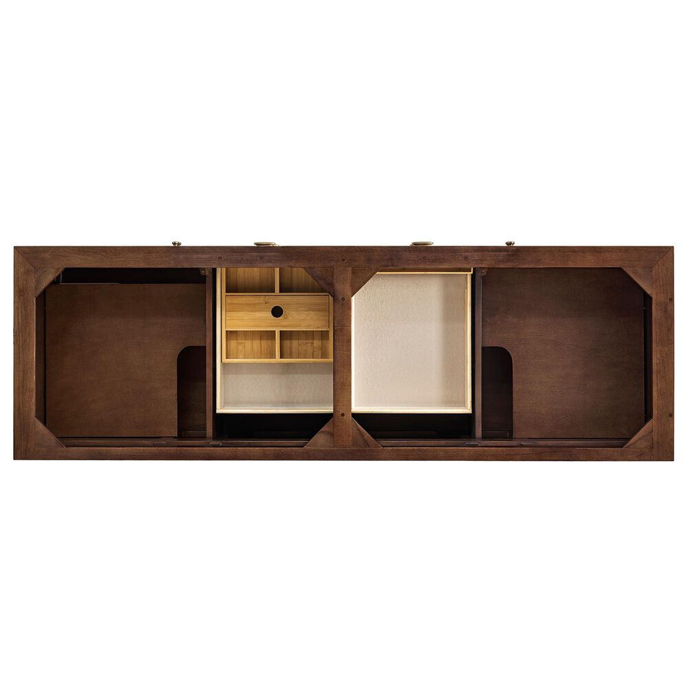 James Martin Vanities Amberly 72&quot; Double Bathroom Vanity in Mid-Century Walnut with Single Hole 3 cm White Zeus Quartz Top and Rectangular Sinks, , large