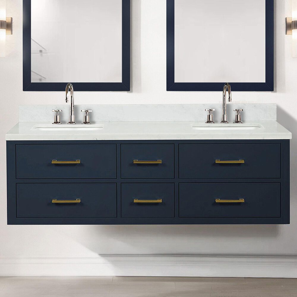 Lexora Home Castor 60&quot; Double Bathroom Vanity in Blue with 2 cm White Cultured Marble Top and Rectangular Sinks, , large