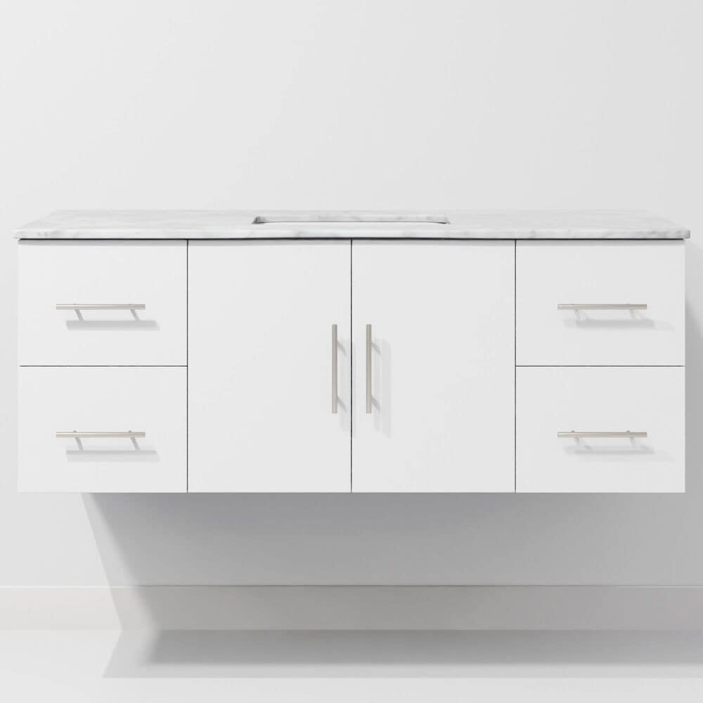 Lexora Home Geneva 48" Single Bathroom Vanity in Glossy White with 2 cm White Carrara Marble Top and Rectangular Sink, , large
