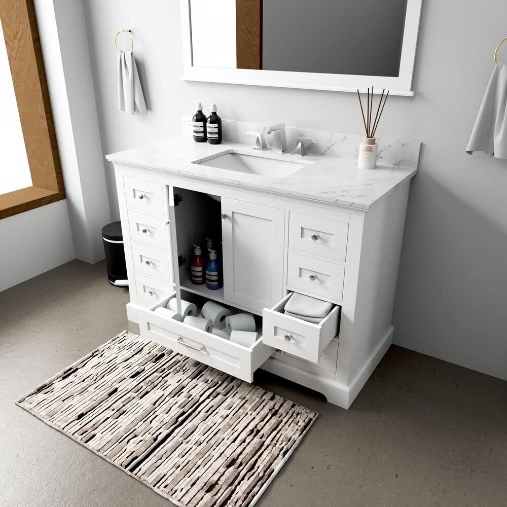 Lexora Home Dukes 48" Single Bathroom Vanity in White with 2 cm White Carrara Marble Top and Rectangular Sink, , large