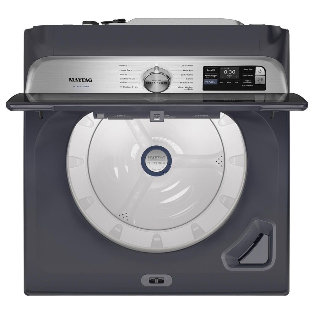 Maytag 5.2 Cu. Ft. Smart Pet Pro Top Load Agitator Washer and 7.4 Cu. Ft. Smart Gas Top Load Dryer Laundry Pair in Midnight Steel, , large