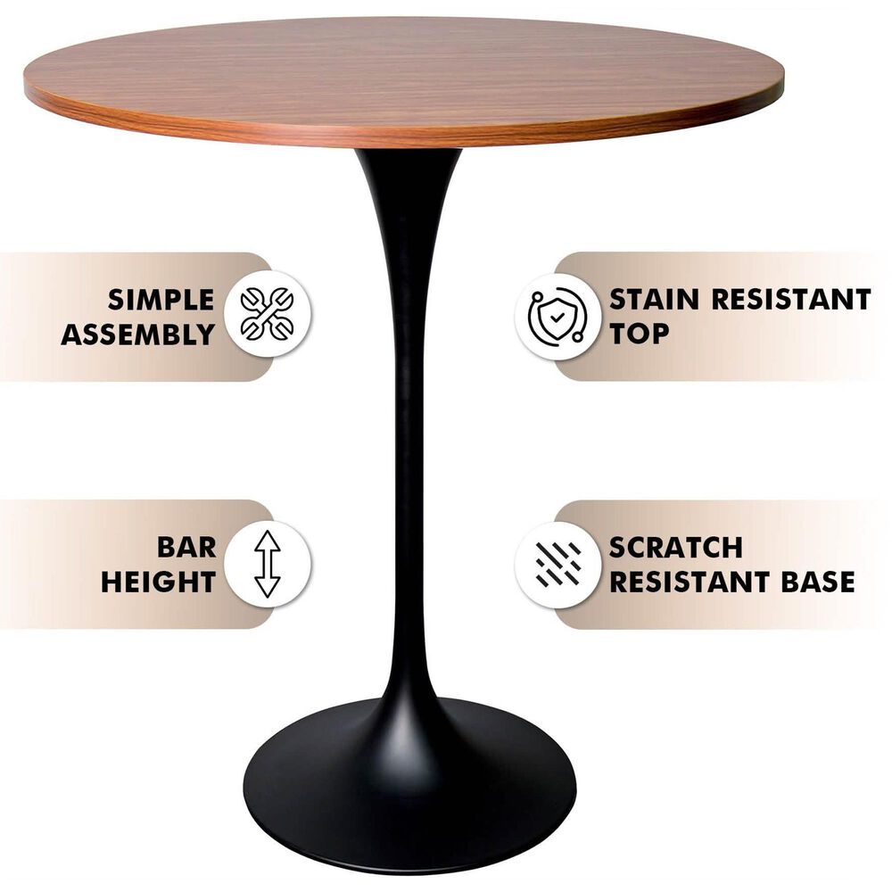 Leisuremod LeisureMod Verve Collection Modern Bar Height Table Black Base with 36 Round Cognac Brown MDF Top, , large