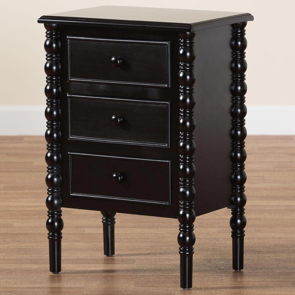 Baxton Studio Malinda 3-Drawer End Table with Spindle Legs in Black, , large