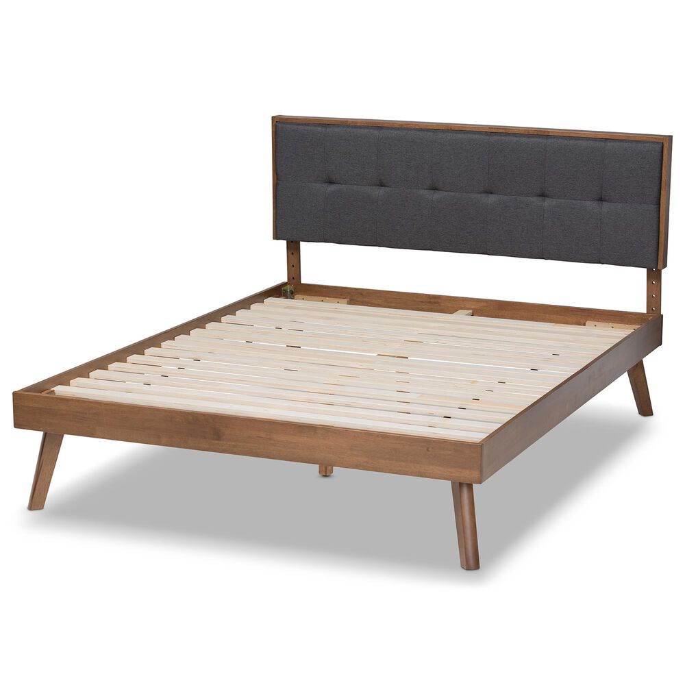 Baxton Studio Alke Queen Platform Bed with Dark Grey Fabric in Walnut Brown, , large