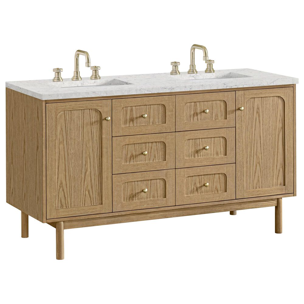 James Martin Vanities Laurent 60" Double Bathroom Vanity in Light Natural Oak with 3 cm Ethereal Noctis Silestone Top, Rectangular Sinks and FreePower Wireless Charger, , large