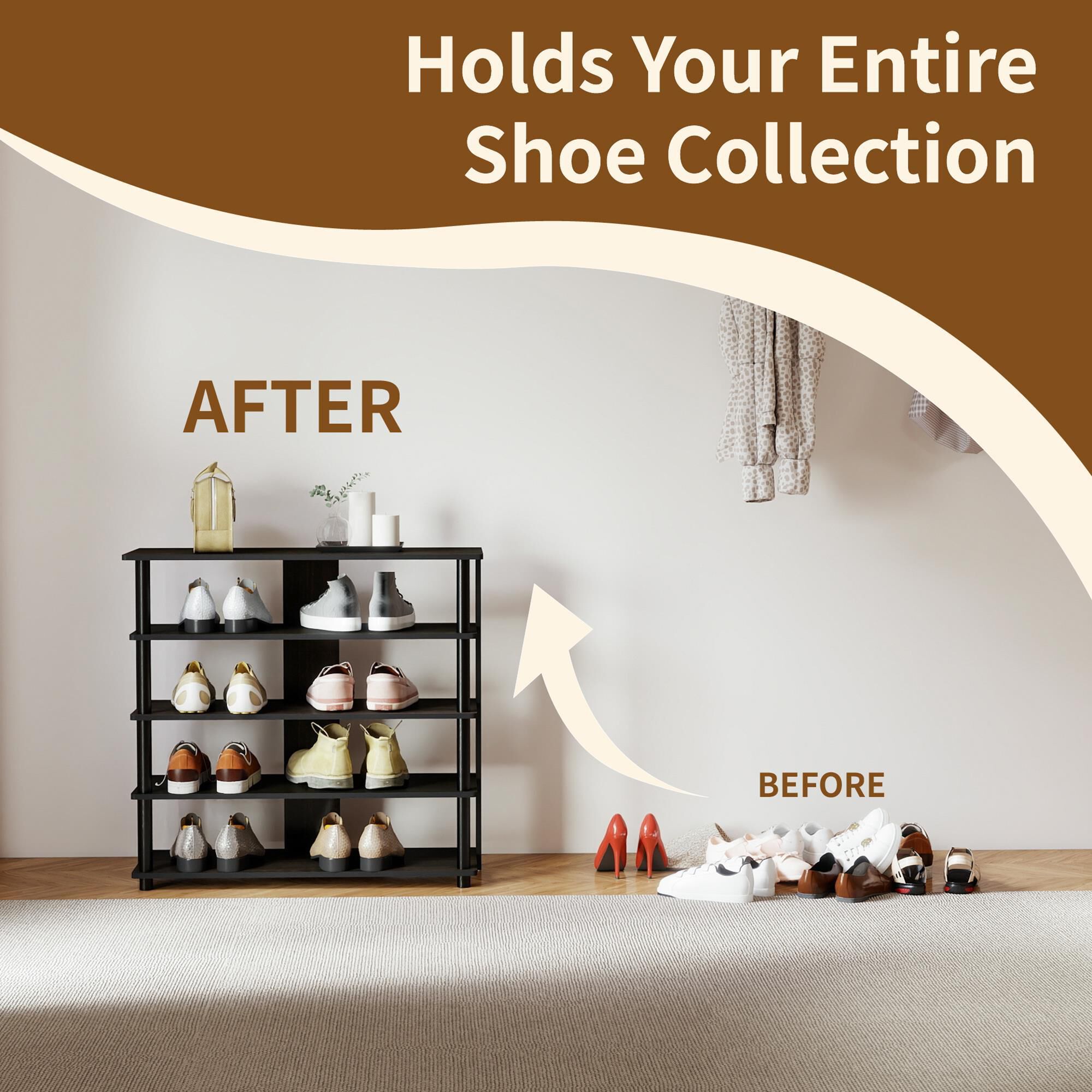 HOMLUX 5-Tier Shoe Rack in Espresso and Black