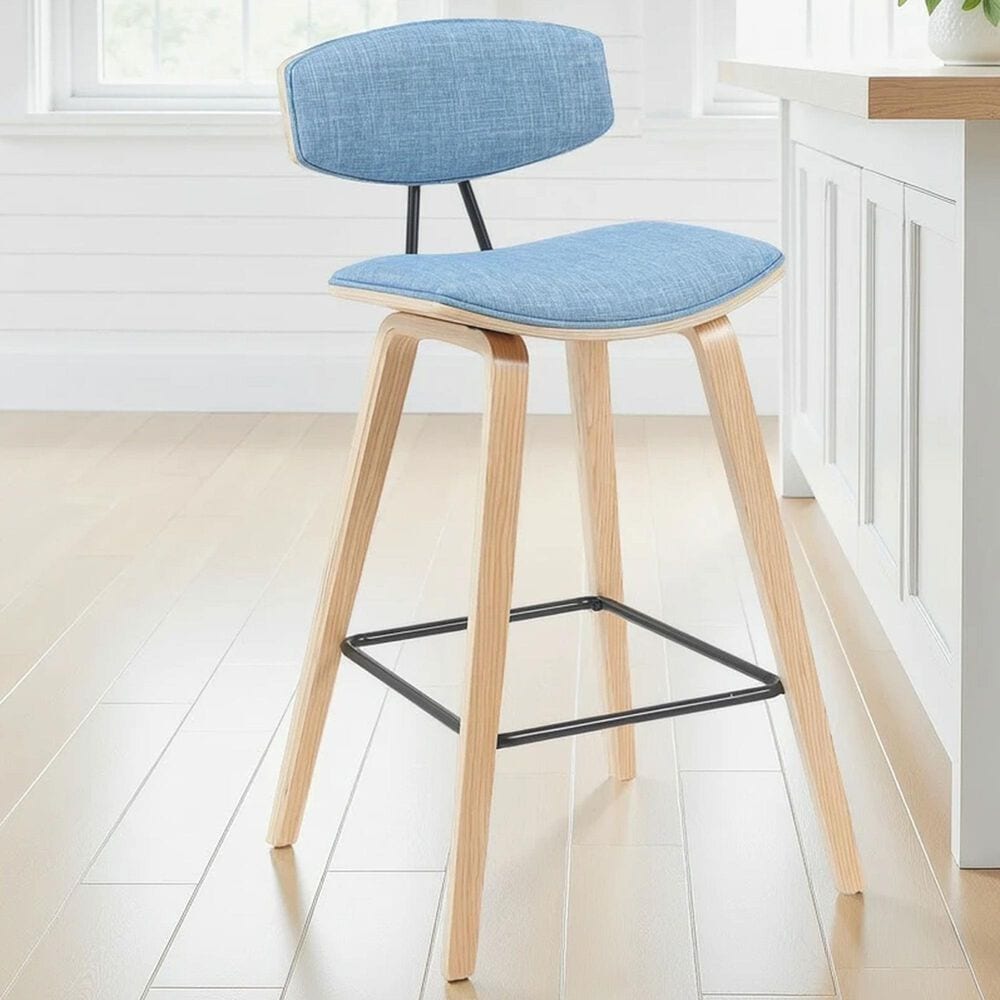 Armen Living Fox Counter Height Stool with Light Blue Upholstery in Patterned Oak, , large