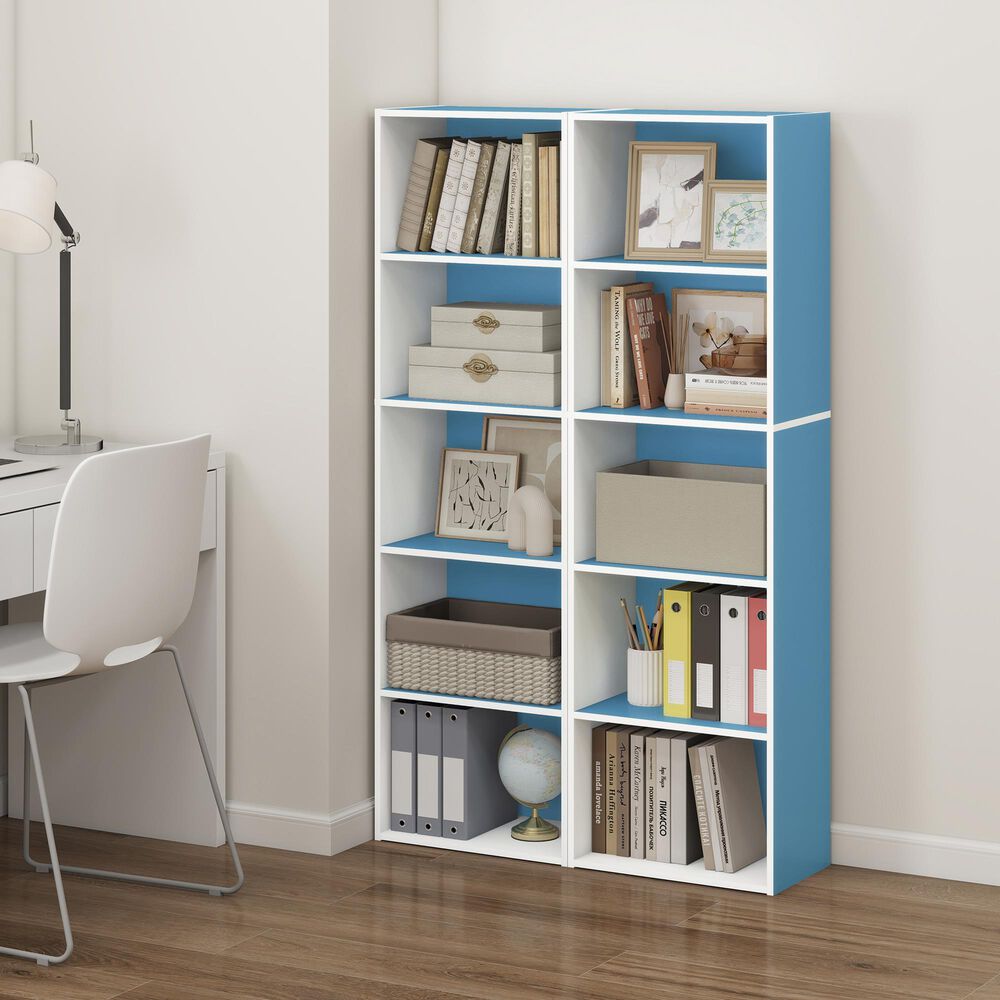 HOMLUX 5-Tier Reversible Bookshelf with Decorative Open Shelves in White and Light Blue, , large