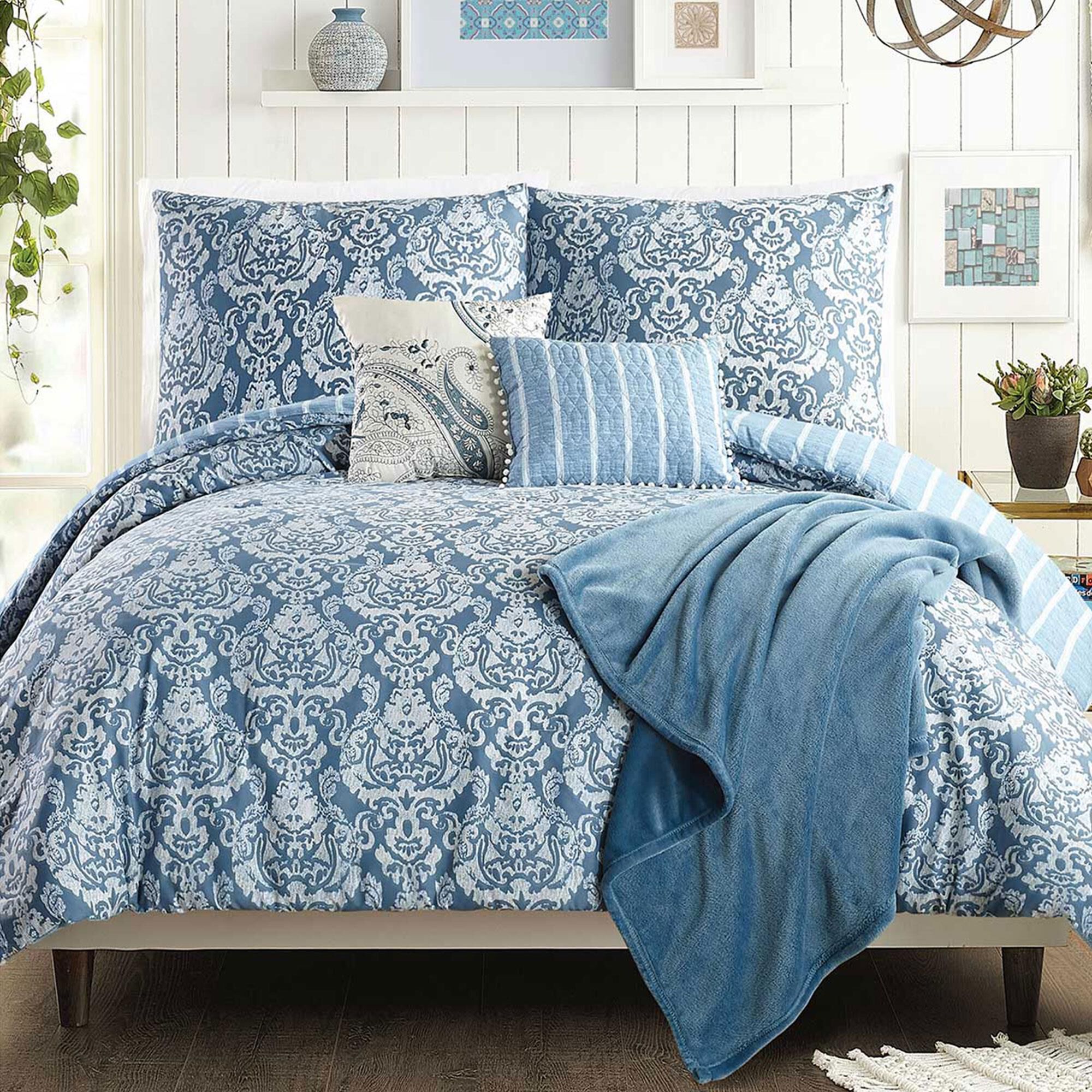 Peking Handicraft Tonal Damask 6 Piece King Comforter Set in Teal and White NFM