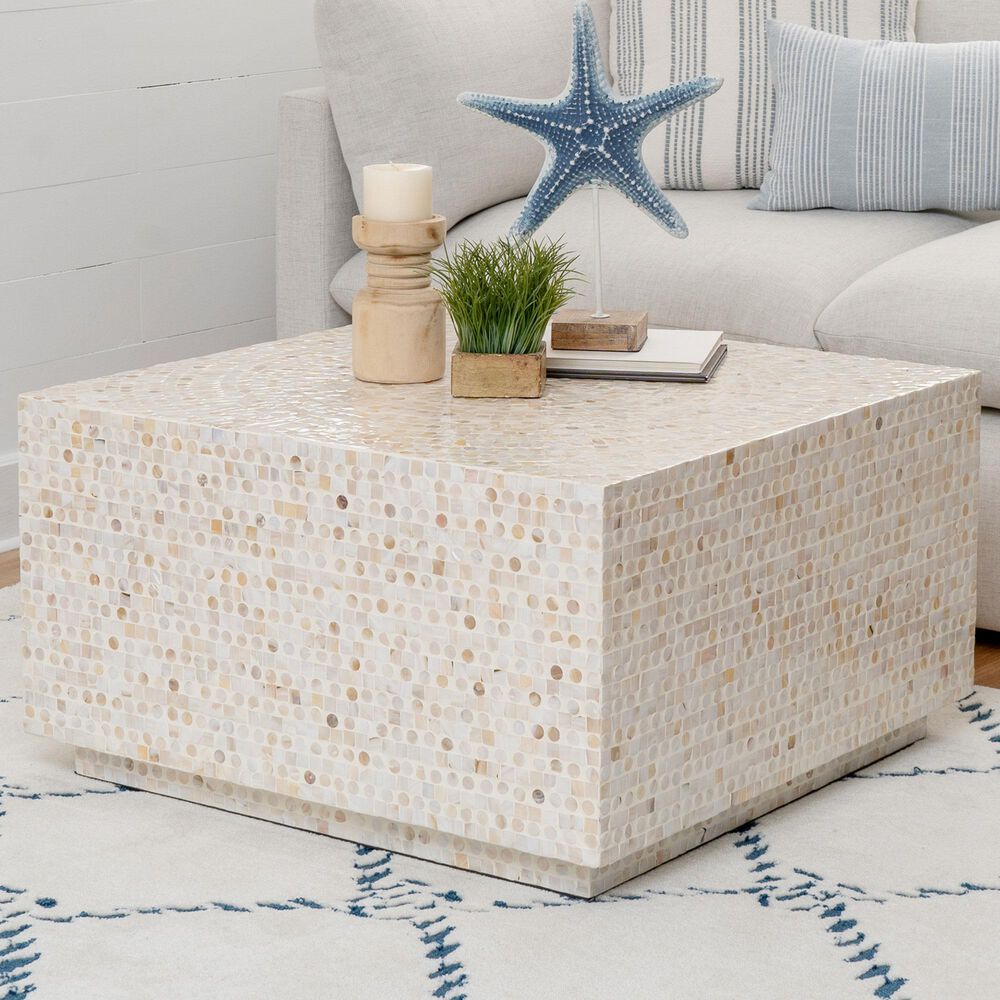 Linon Home Decor Partia Capiz Square Coffee Table in Cream, , large
