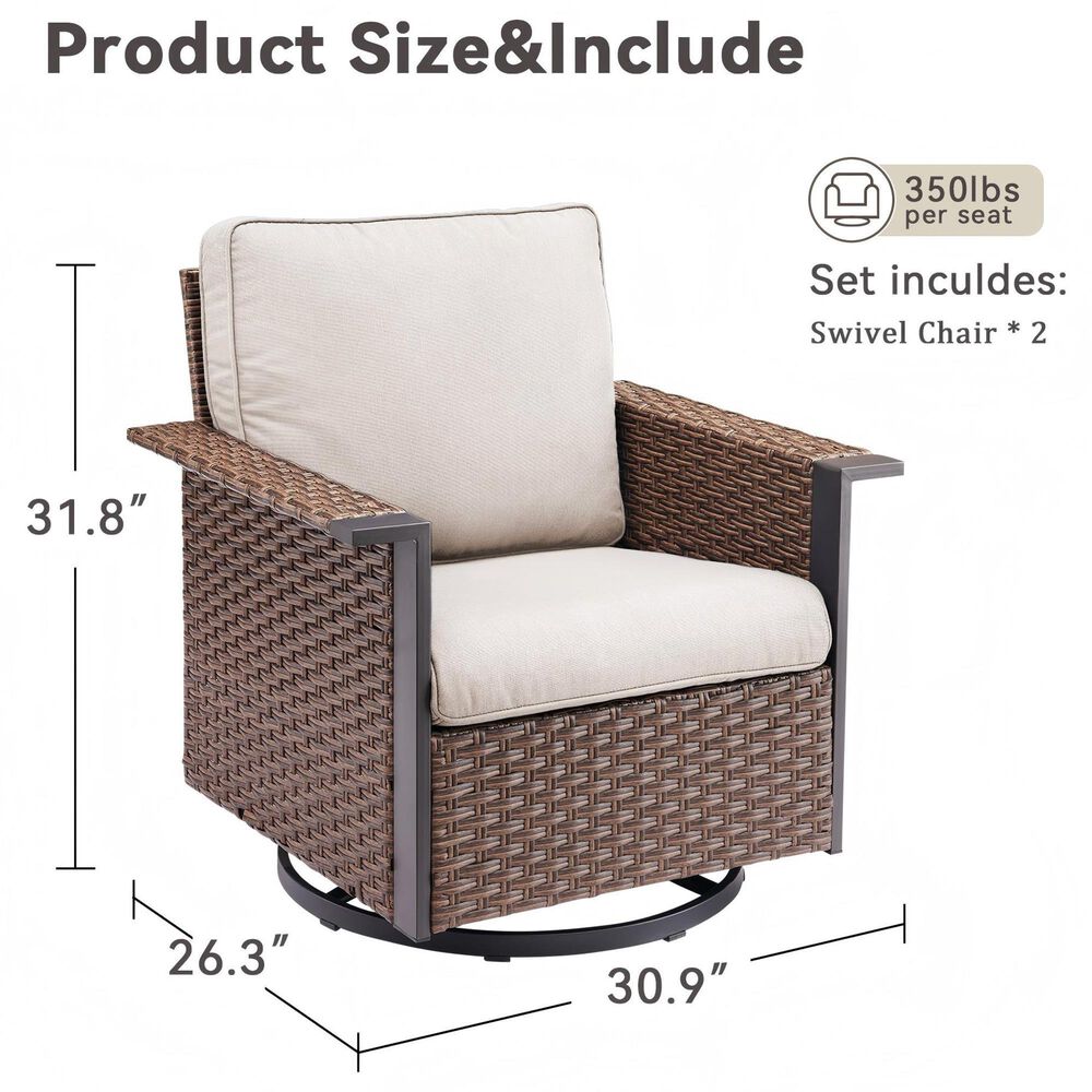 Sunwell Garden Patio Swivel Glider Chair with Brown Frame and Square Armrests in Beige (Set of 2), , large
