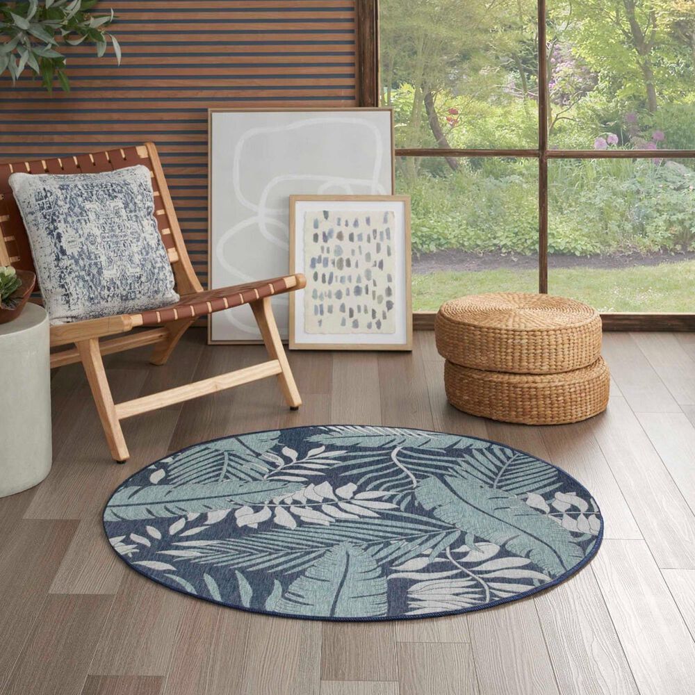 Nourison Garden Oasis GOA02 Navy 4&#39; Round Indoor/Outdoor Area Rug, , large