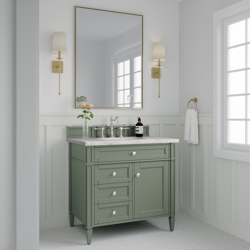 James Martin Vanities Brittany 36" Single Bathroom Vanity in Smokey Celadon with 3 cm Eternal Jasmine Pearl Quartz Top and Rectangular Sink, , large