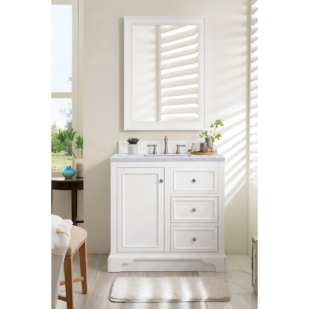 James Martin Vanities De Soto 36" Single Bathroom Vanity in Bright White with 3 cm Carrara White Marble Top and Rectangular Sink, , large