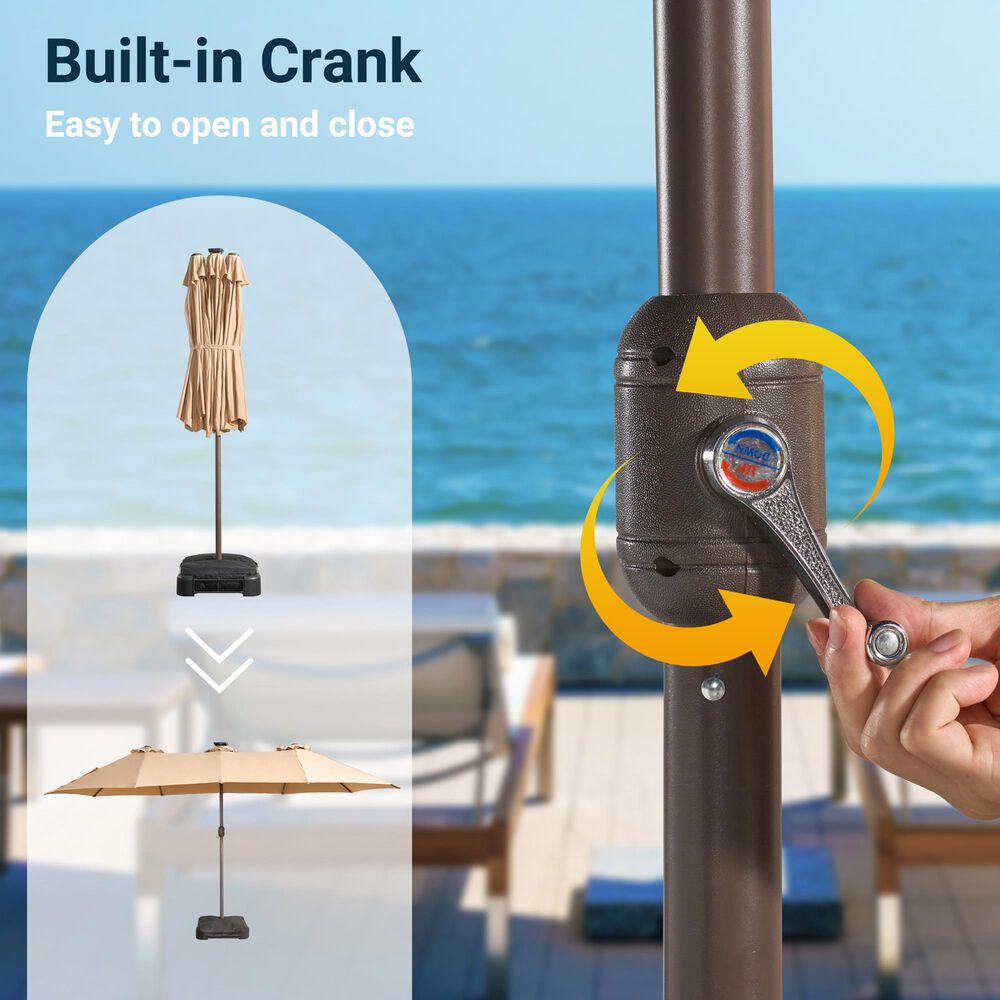 HOMLUX 15' Outdoor Market Umbrella with Sandbags Base and LED Lights in Khaki, , large