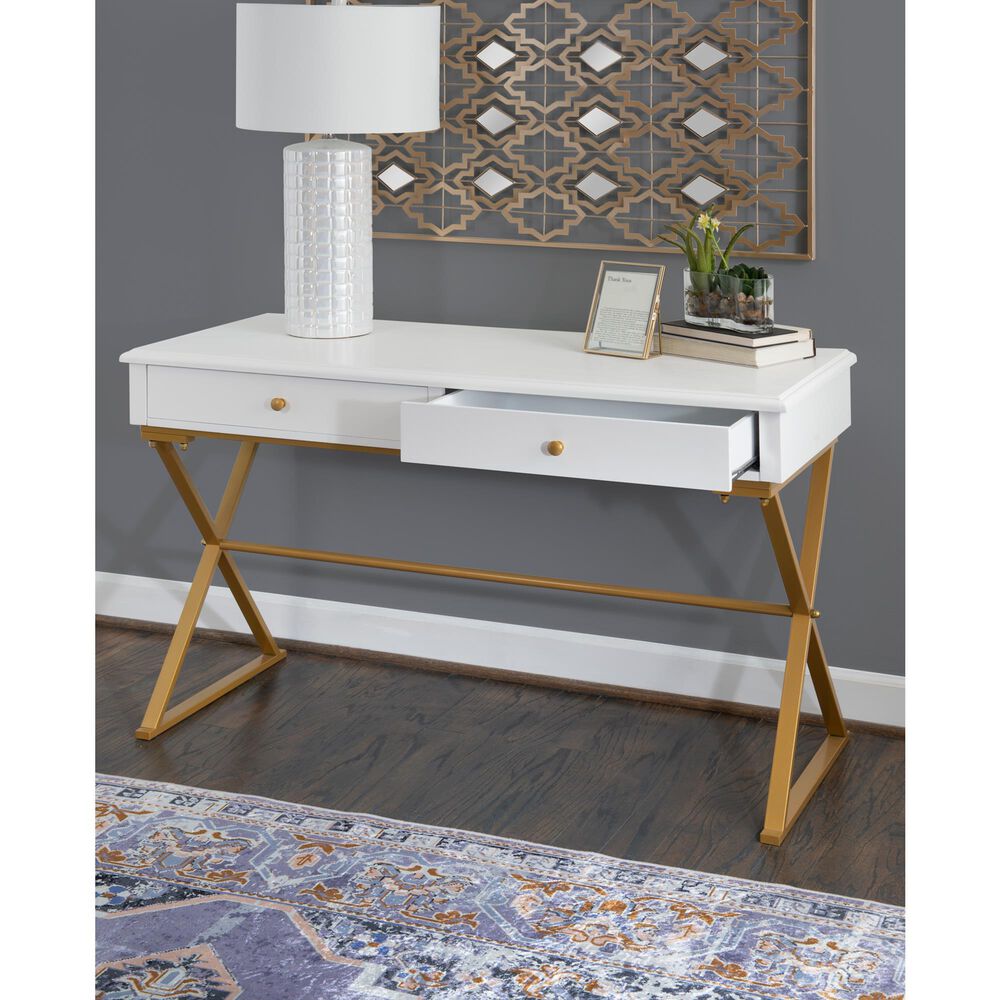 Linon Home Decor Campaign 2-Drawer Desk in White and Gold, , large