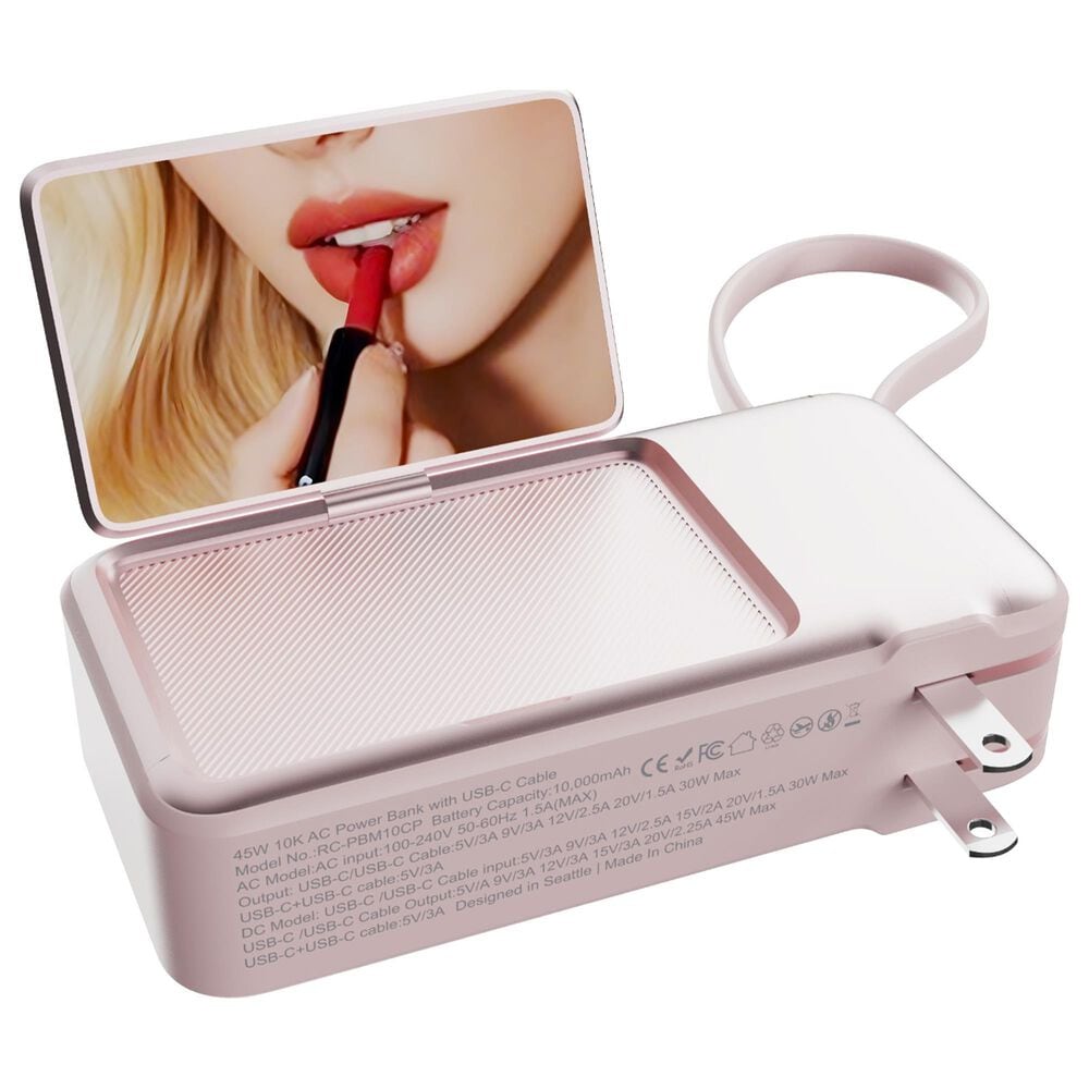 ReelCharge 10,000 mAh Power Bank with Integrated Cable and Folding Mirror in Pink
