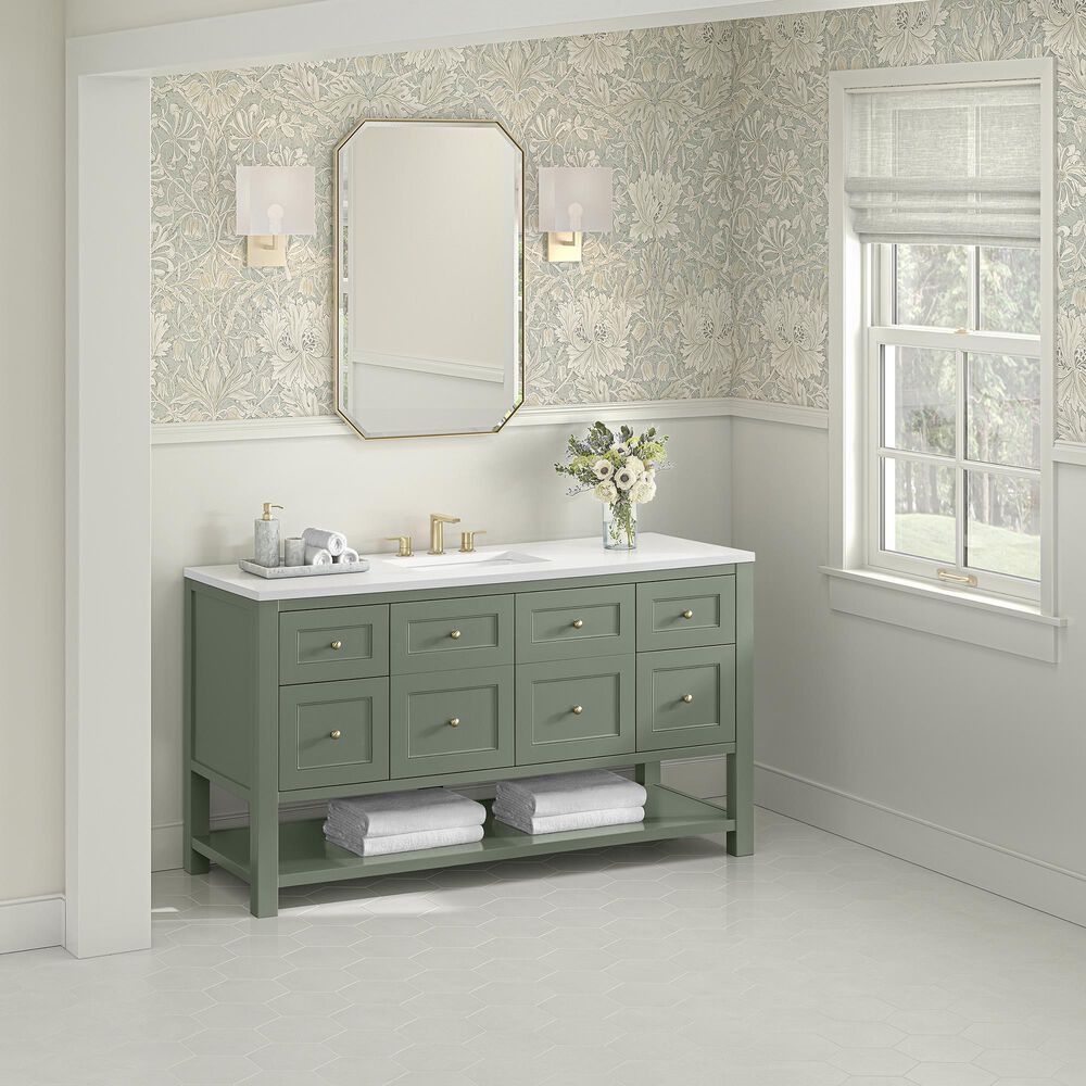 James Martin Vanities Breckenridge 60" Single Bathroom Vanity in Smokey Celadon with 3 cm White Zeus Quartz Top and Rectangular Sink, , large