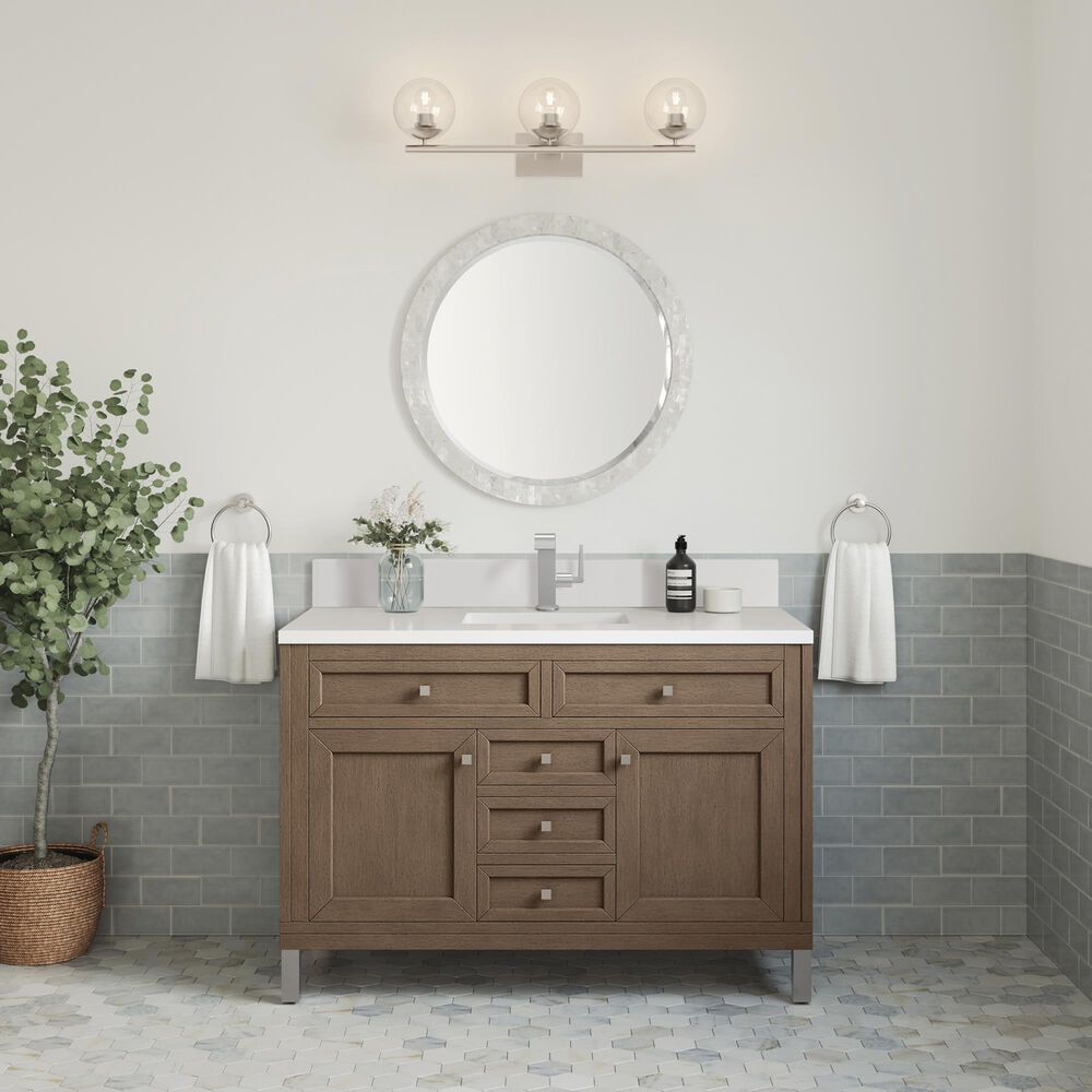 James Martin Vanities Chicago 48&quot; Single Bathroom Vanity in Whitewashed Walnut with Single Hole 3 cm White Zeus Quartz Top and Rectangular Sink, , large