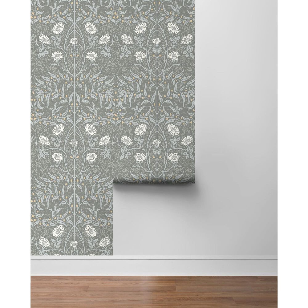NextWall Stenciled Floral 216" x 20.5" Peel and Stick Wallpaper in Alloy Grey, , large