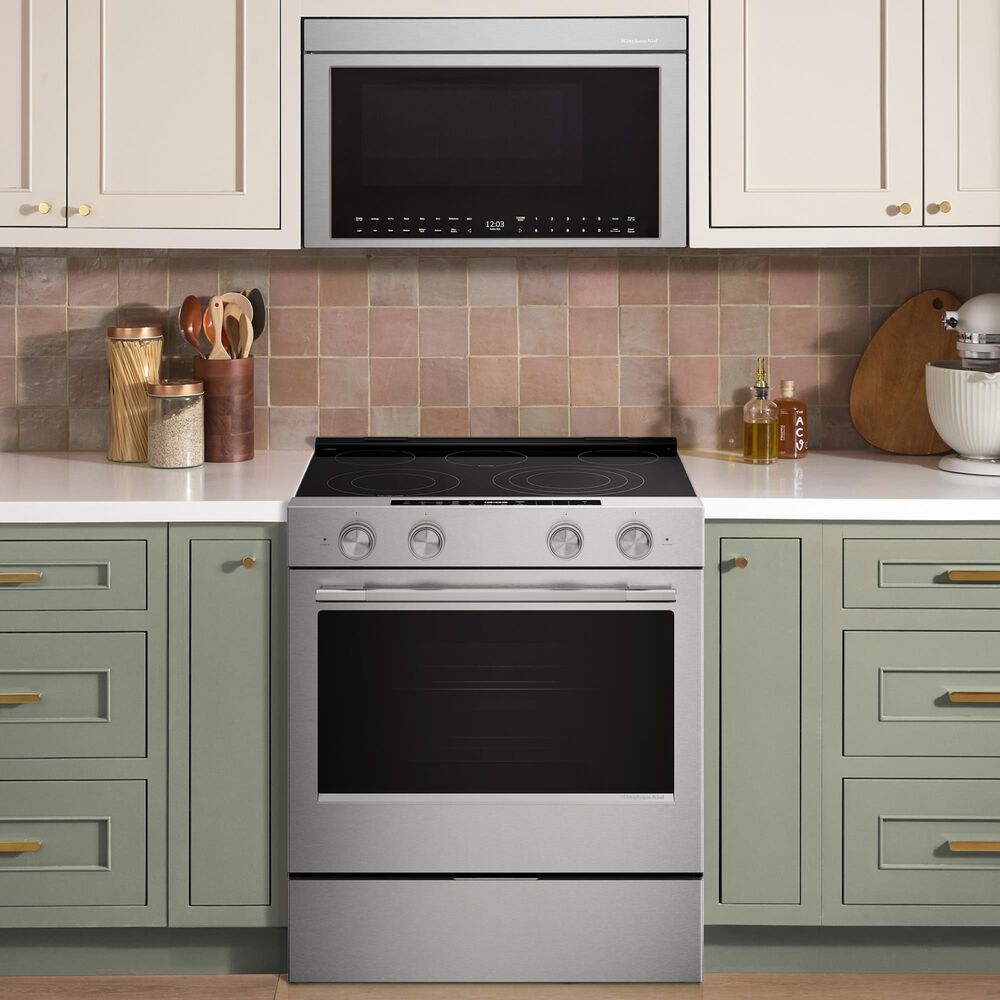 KitchenAid 2-Piece Kitchen Package with 30" Slide-In Smart Electric Range and 30" Over-the-Range Microwave Oven in PrintShield Stainless Steel, , large